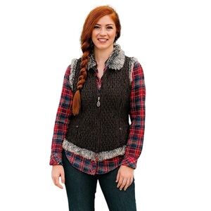 Cowgirl Up Large Brown Faux Fur Ribbed Vest Western Horses Cowgirl